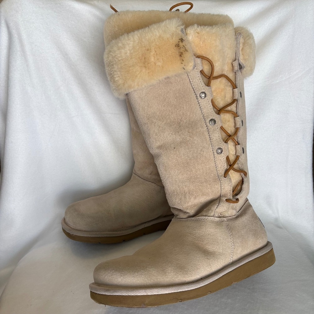 UGG Australia Sunburst Tall Suede Lace Up Sheepskin Boots Sand Beige 5163 Size 7